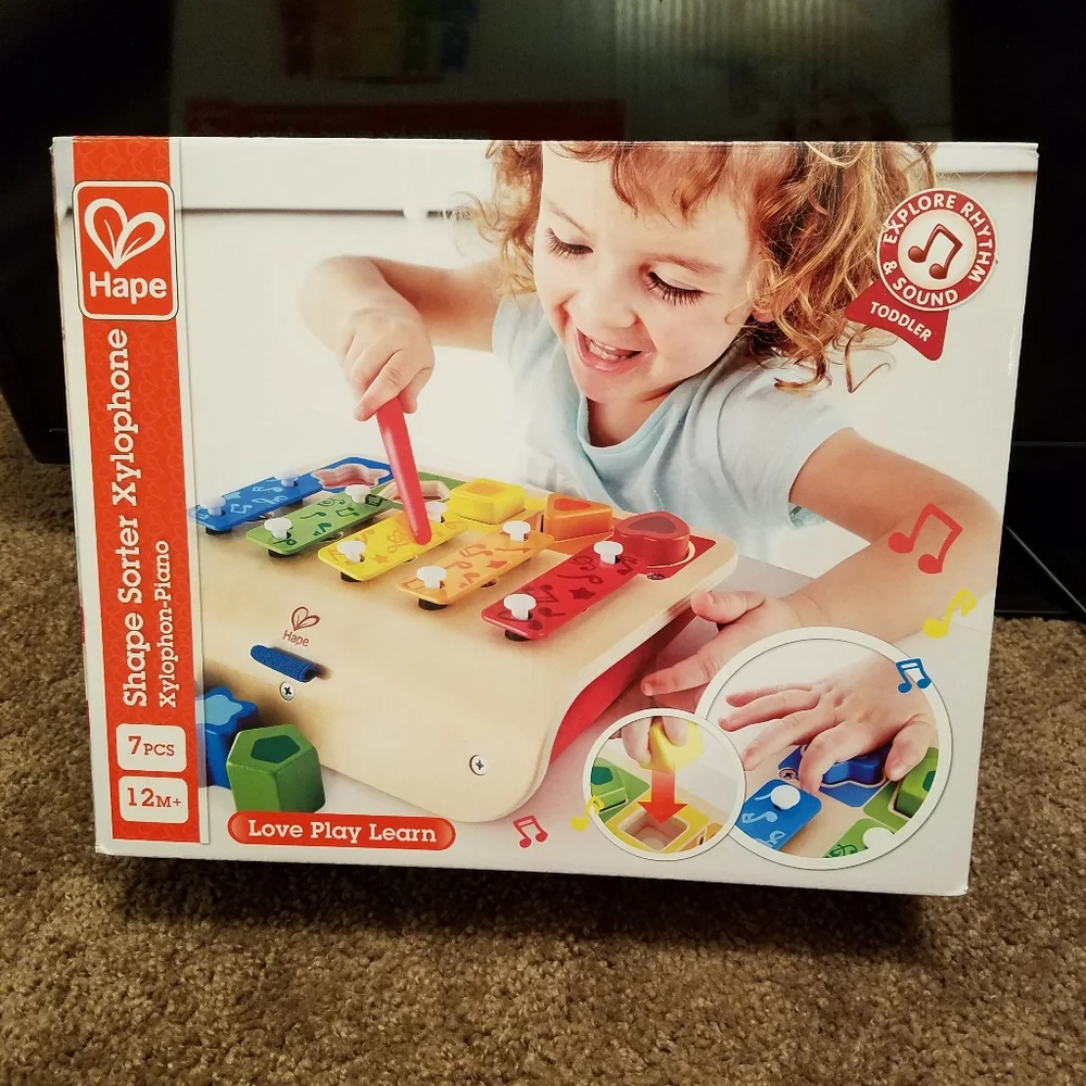 Brand New in the box Hape colorful wooden shape sorter, piano, and xylophone set - Picture 1 of 3